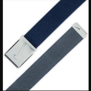 Nike Boys' Reversible Stretch Web Belt Silver Swoosh Buckle Shade Gray & Blue